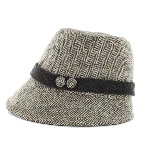 New Herringbone Fold Brim Wool Bucket Hat Black Gray Made in Ireland - Picture 6 of 8